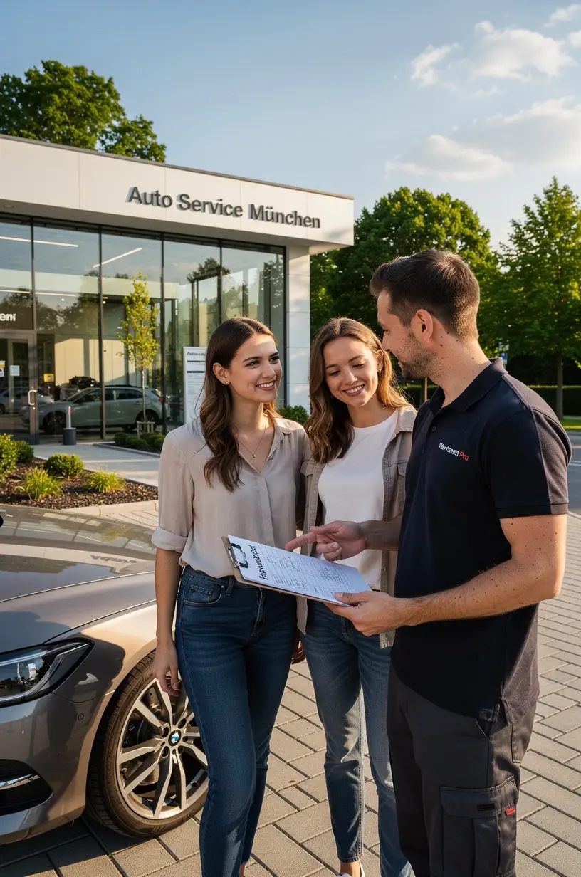 Autos in einer modernen Kfz-Werkstatt, bereit für Inspektion und Reparatur vor der TÜV-Prüfung.